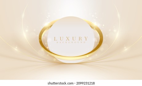 Elegant cream color stage background with circle golden line elements and glitter effect.