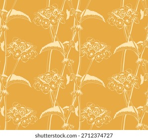 Elegant cream floral pattern on a warm golden yellow background.  A sophisticated, minimalist design ideal for textiles, wallpaper, or branding.