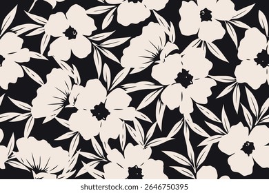 Elegant cream floral silhouettes bloom over a deep black background, creating a bold yet refined pattern ideal for fabric, wallpapers, and stylish decor.
