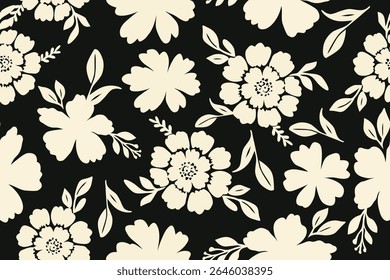 Elegant cream floral silhouettes on a deep black background. Perfect for vintage wallpaper, fabric patterns, or modern botanical-themed design projects.