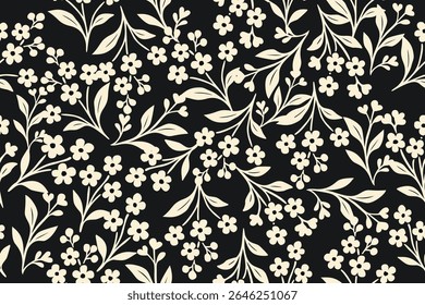 Elegant cream floral silhouettes on a deep black background. Perfect for vintage wallpaper, fabric patterns, or modern botanical-themed design projects.