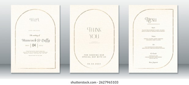 Elegant cream and gold wedding invitation set with modern minimal layout. Includes Save the Date, Thank You, and wedding menu card. Perfect for classic or romantic wedding themes.