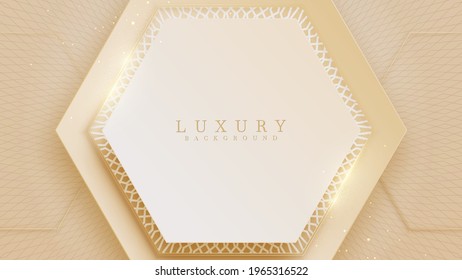 Elegant cream shade background with hexagon golden line elements. Realistic luxury paper cut style 3d modern concept. vector illustration for design.