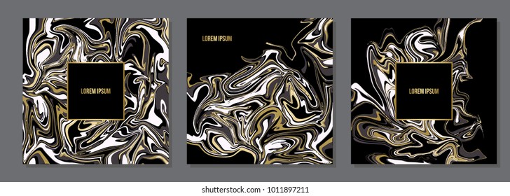  Elegant  creative card templates set. Black marble texture  and golden foil details.

