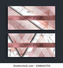 Elegant creative card templates set. Marble Texture and rose gold foil details. Graphic element for booklet design, flyer, card and cover. Vector illustration.