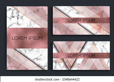 Elegant creative card templates set. Marble Texture and rose gold foil details. Graphic element for booklet design, flyer, card and cover. Vector illustration.