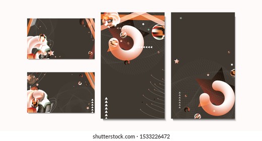 Elegant creative card templates set. Collection of romantic invitations with gold abstraction background line color