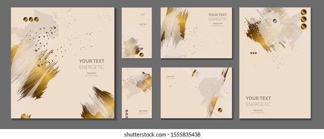 Elegant creative card templates set. Collection of romantic invitations with gold abstraction background line color