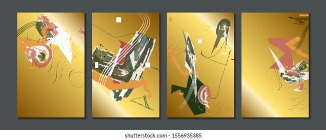 Elegant creative card templates set. Collection of romantic invitations with gold abstraction background
