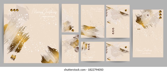 Elegante kreative Kartenvorlagen setzen Weihnachten-Neujahr-Stil mit Schneeflocken ein. Kollektion von romantischen Einladungen mit goldenen Elementen, abstrakte Hintergrundfarbe