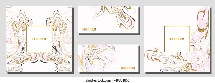  Elegant  creative card templates set. Marble Texture  and golden foil details.

