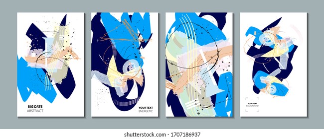 Elegant creative colored art painting card templates set. Collection of romantic invitations with gold abstraction background line color