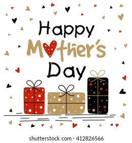 Elegant creative greeting card design with wrapped gift boxes on hearts decorated background for Happy Mother's Day celebration.
