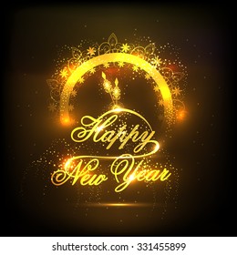 Elegant creative greeting card with golden clock showing almost Twelve 'O' clock on shiny brown background for Happy New Year celebration.