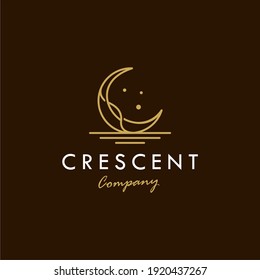 elegant crescent beach moon and star with river water sea icon logo design line vector in luxury style outline linear, logo for hotel or spa business