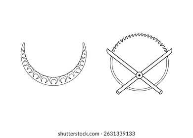 Elegante lua crescente decorações e ilustração de serra de arco contra um fundo branco limpo