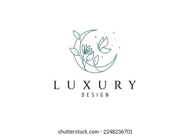 Elegant crescent moon logo with flower plant combination and flying butterfly in linear design style