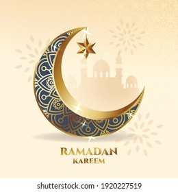 Elegant crescent moon ornament. Ramadan Kareem greeting card with mosque silhouette. Realistic vector design