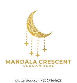 Elegant crescent moon and star logo design, Moon Gold with mandala logo vector template