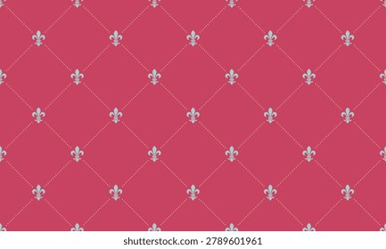 Elegant crimson background featuring a repeating silver fleurdelis pattern.