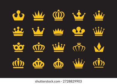 Elegant crown icon vector set featuring decorative royal tiara designs with detailed outlines for luxury, fantasy, and regal themes. Crown icon set. Royal crown symbol collection. Commonwealth crown 