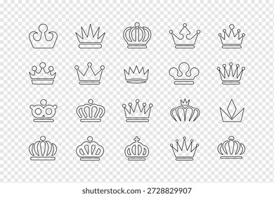 Elegante conjunto de Vectores con diseños decorativos de tiara real con contornos detallados para lujos, fantasía y temas reales. Conjunto de iconos de corona. Símbolo de la corona real colección. Corona de la Commonwealth 