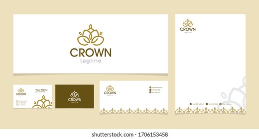 Elegant crown leaf logo design template bundle with card name, letterhead & envelope.