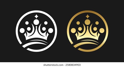 Elegant crown logo design featuring a gold variant and a monochromatic option