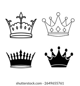 Elegant crown silhouette collection perfect for luxury designs, royal themes, logos, and vector art projects. High-quality design isolated on white background.
