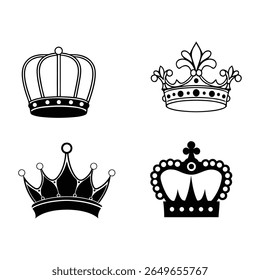 Elegant crown silhouette collection perfect for luxury designs, royal themes, logos, and vector art projects. High-quality design isolated on white background.