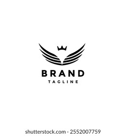 Elegant Crowned Wing Lines Logo Design. Minimalist Wings With Crown On Top Logo Design.