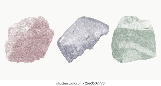 Bocetos elegantes de racimo de cristal. Sombreado punteado agudo, semitono arenoso, capas de tono de pantalla suave y suave ruido de textura xerox.