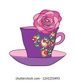 elegant Cup and saucer. on the Cup are painted flowers, and inside the Cup is a flower