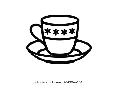 Elegant Cup and Saucer Vector Line Art Illustration for Tea or Coffee with Intricate Design