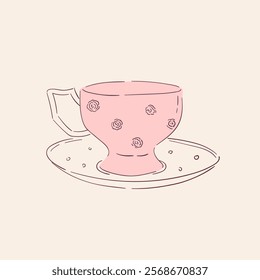 Elegant cup of tea or coffee. Cute porcelain tableware. Hand drawn vintage teacup for morning breakfast. Line art coquette vector design