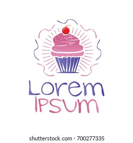 elegant cupcake logo with rays, illustration design, isolated on white background. 