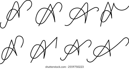 Elegant Cursive Letter A Variations Signature Styles, Script, Monogram, Calligraphy