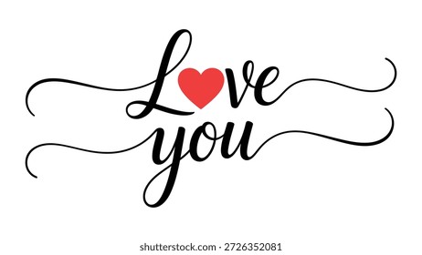 Elegant cursive typography “Love You” with red heart replacing the letter o and decorative swirls, romantic affectionate design expressing devotion, care, and heartfelt emotional connection