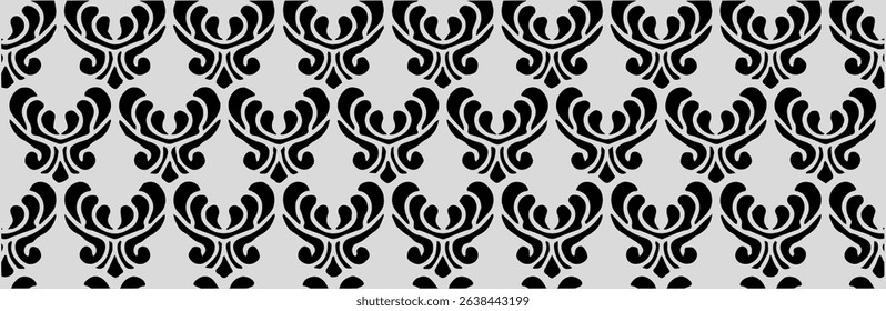 Elegant curved motifs resembling traditional ornaments, arranged symmetrically in a seamless black and white layout.