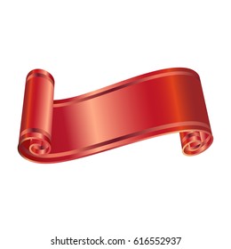 Elegant curved red ribbon with stitching on white background. Realistic satin flag, banner. Vector illustration. Red ribbon without shadows on white background. Decorative element for design.