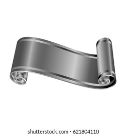 Elegant curved silver ribbon with stitching on white background. Realistic satin flag, banner. Vector illustration. Silver ribbon without shadows on white background. Decorative element for design.