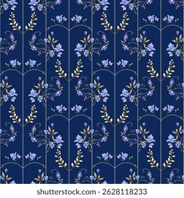 Elegant Curved Stripe Floral Pattern with Blue Flowers on Navy Background