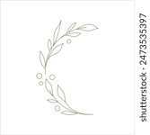 Elegant curved tree branch greenery with foliage and berries line art decor for logo design vector illustration. Monochrome golden natural plant botanical contoured hand drawn decorative element