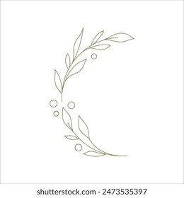 Elegant curved tree branch greenery with foliage and berries line art decor for logo design vector illustration. Monochrome golden natural plant botanical contoured hand drawn decorative element