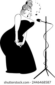 Elegant curvy singer woman.
Cartoon elegant curvy woman sings to microphone with great inspiration
