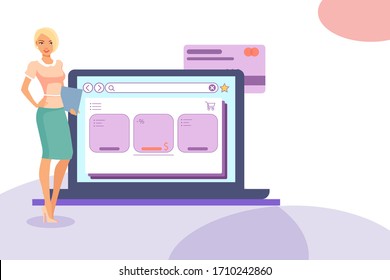 Elegant cute businesswoman with notepad and laptop with open browser ready for shopping. Online support shopping concept. Flat style vector illustration. Copy space for text or design