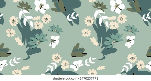 Elegante patrón floral lindo en colores fríos con grandes flores abstractas. Planta de fondo para la moda, Fondos de pantalla, impresión.	
