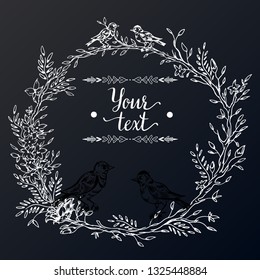 Elegant and cute illustration. Birds are dead on the branches of the vine. Wedding frame for invitation. Area for text. The concept of stickers, children's clothes in the style.