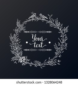 Elegant and cute illustration. Birds are dead on the branches of the vine. Wedding frame for invitation. Area for text. The concept of printing,  stickers, children's clothes in the style.