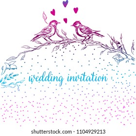 Elegant and cute illustration. Birds sit on each branch. Printing for textile and industrial purposes. And a beautiful romantic frame of flowers and twigs. Vector illustration. Thank You with Place